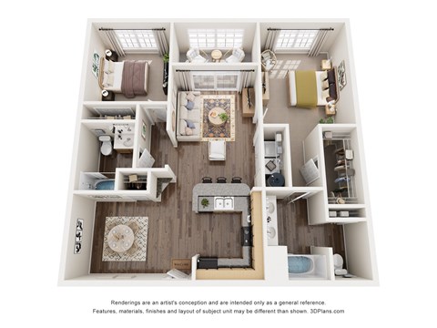 Floor plan for 2 beds, 2 baths, 1170 sqft